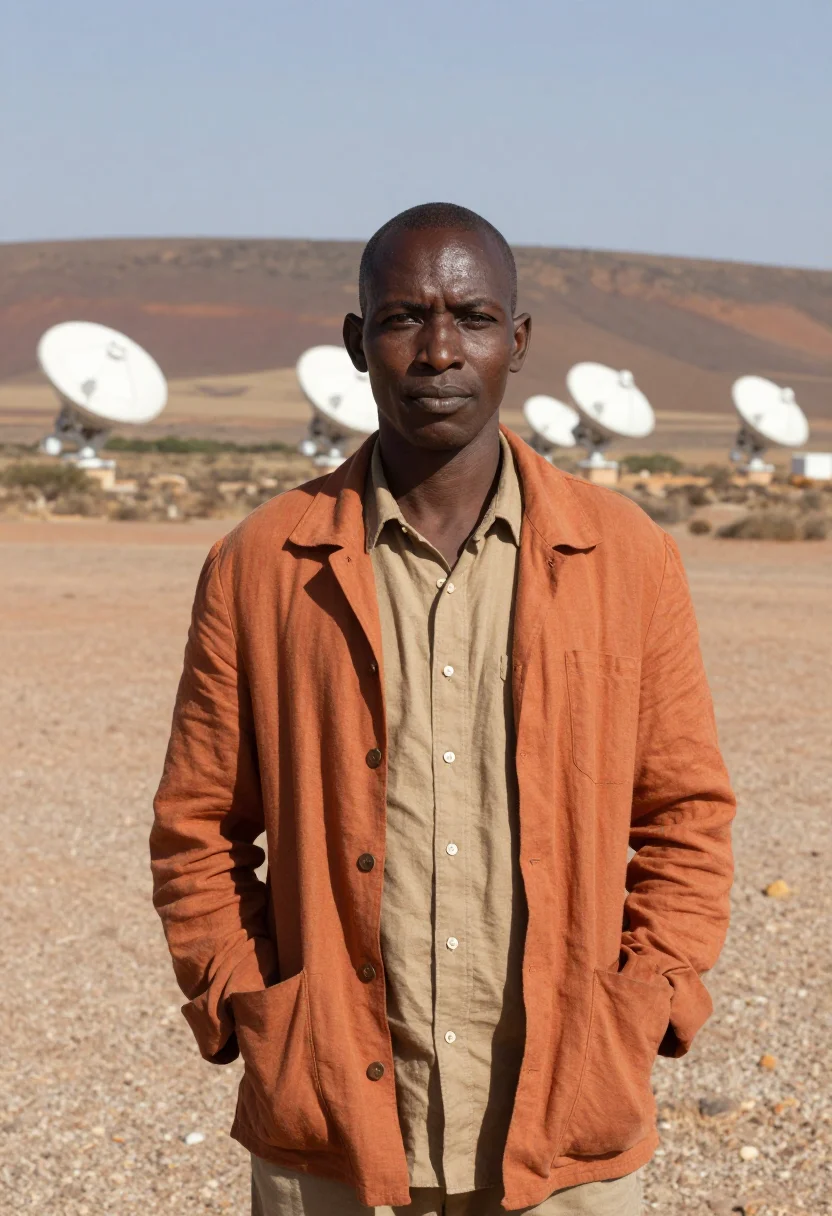 AI karoo astronomer semi desert ochre white dish sample — portrait of a man, a Zulu astronomer in his early forties wi