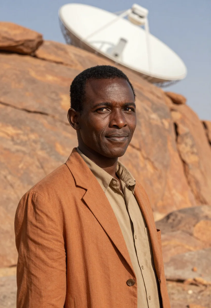 AI karoo astronomer semi desert ochre white dish sample — portrait of a man, a Xhosa astronomer in his late thirties w