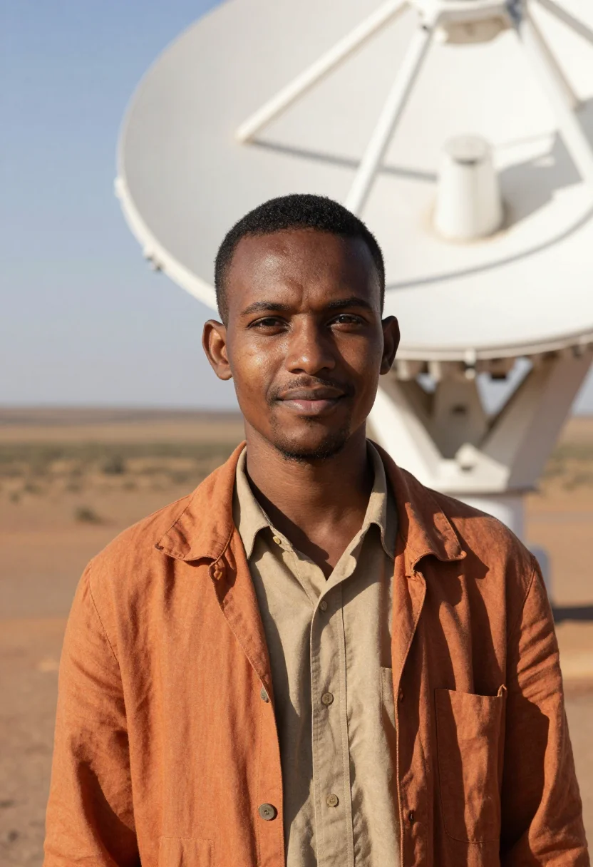 AI karoo astronomer semi desert ochre white dish sample — portrait of a man, a Sotho astronomer in his early thirties