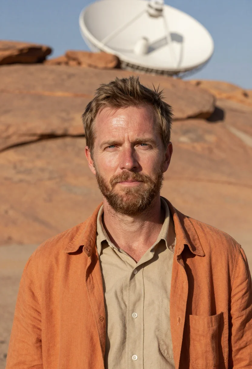 AI karoo astronomer semi desert ochre white dish sample — portrait of a man, an Afrikaner astronomer in his mid-fortie