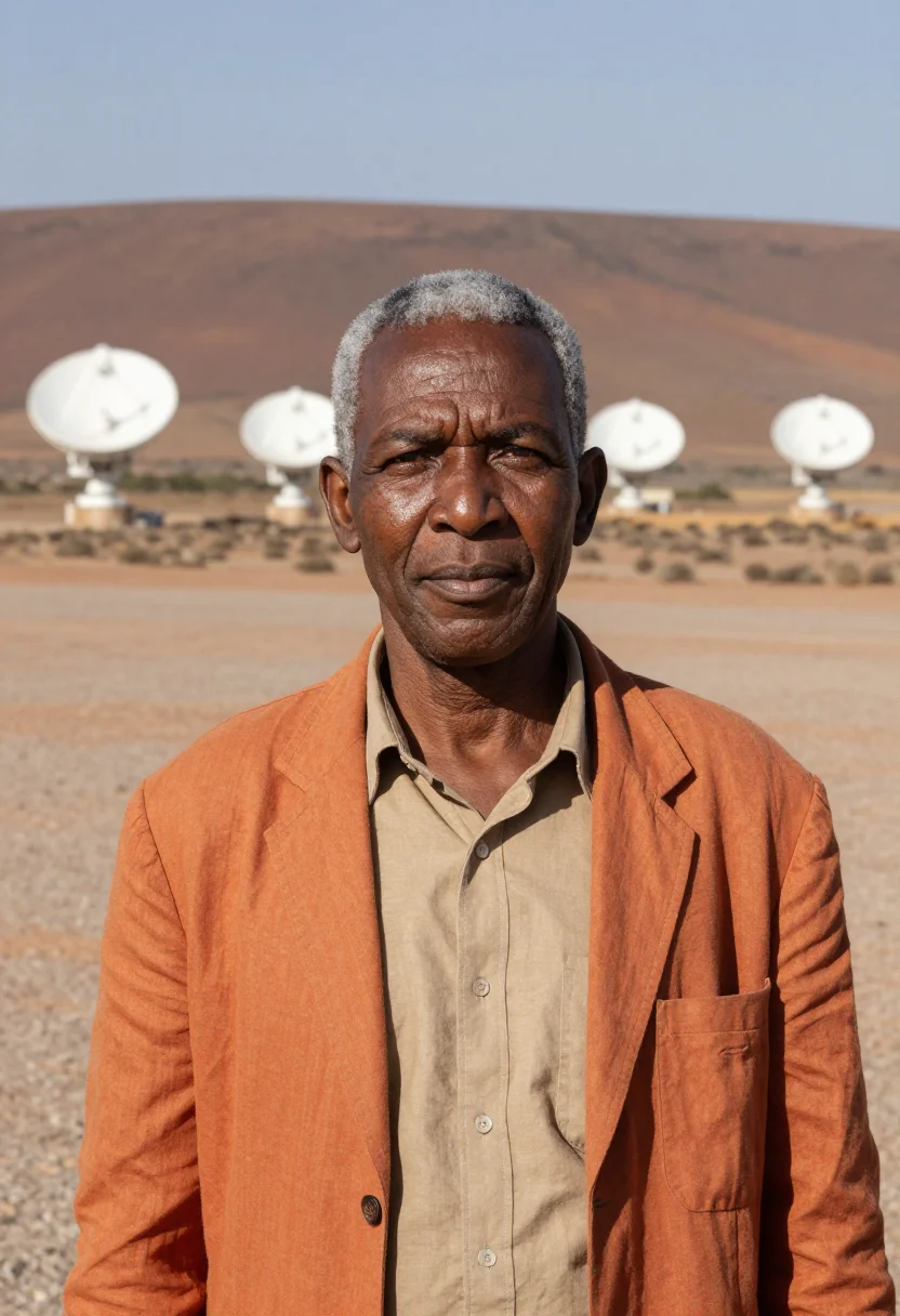 AI karoo astronomer semi desert ochre white dish sample — portrait of a man, a Tswana astronomer in his mid-fifties wi