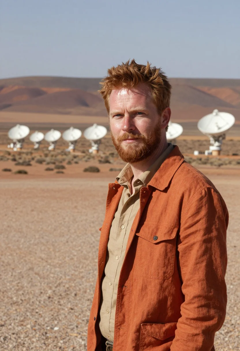 AI karoo astronomer semi desert ochre white dish sample — portrait of a man, a Scottish astronomer in his mid-thirties