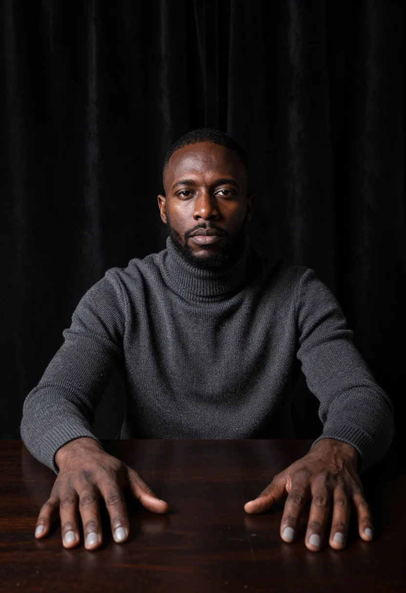 AI karsh portrait sample — portrait of a man, wide seated portrait of a Black man in hi