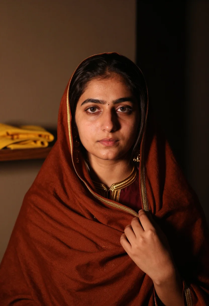 AI kashmiri pheran sample — portrait of a woman, tight shoulders-up portrait of a Kashmi
