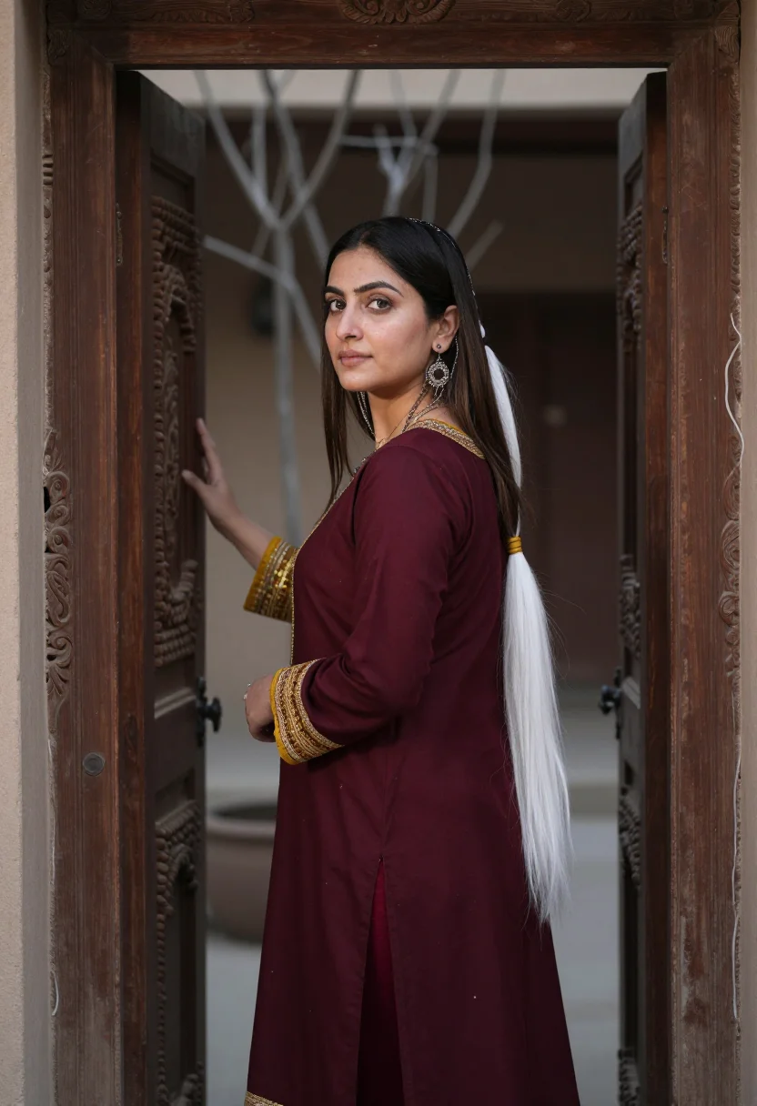 AI kashmiri pheran sample — portrait of a woman, three-quarter-length over-the-shoulder