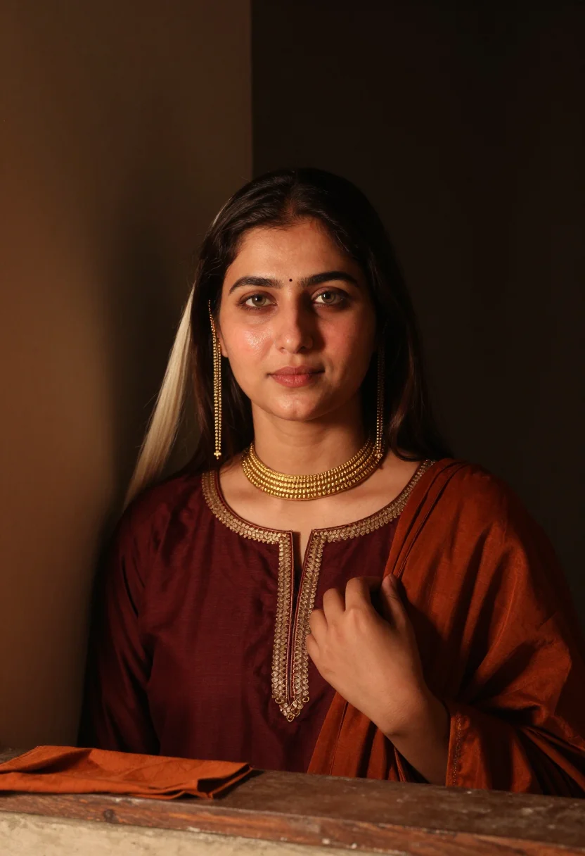 AI kashmiri pheran sample — portrait of a woman, close chest-up portrait of a Kashmiri w