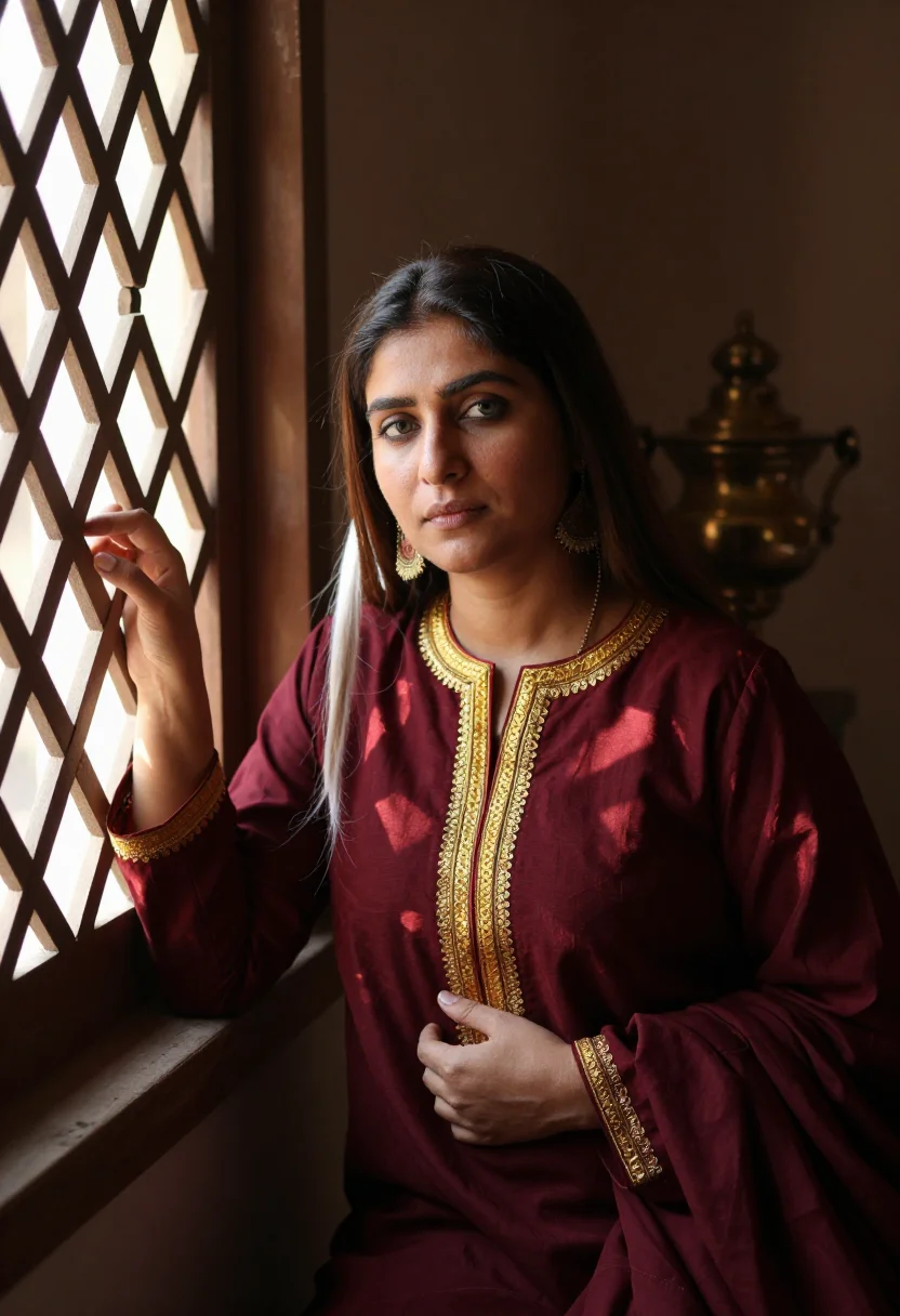 AI kashmiri pheran sample — portrait of a woman, seated chest-up portrait of a Kashmiri
