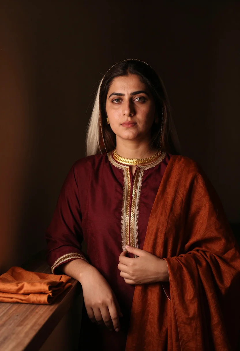 AI kashmiri pheran sample — portrait of a woman, chest-up three-quarter portrait of a Ka