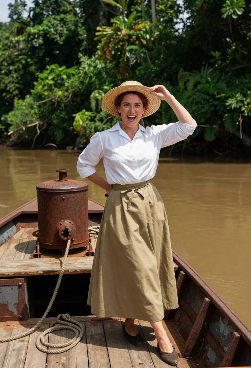 AI katharine hepburn sample — portrait of a woman, a full-length photograph aboard a river
