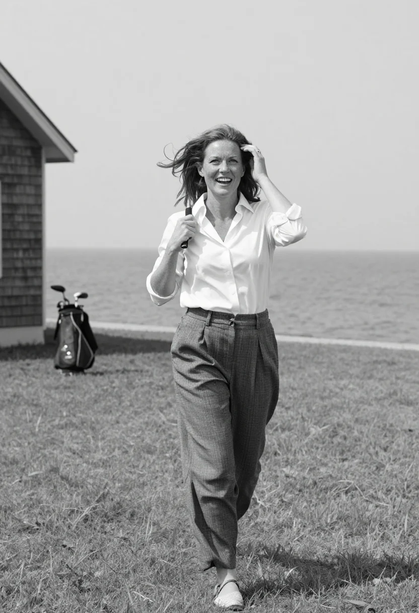 AI katharine hepburn sample — portrait of a woman, a waist-up photograph on a broad lawn o