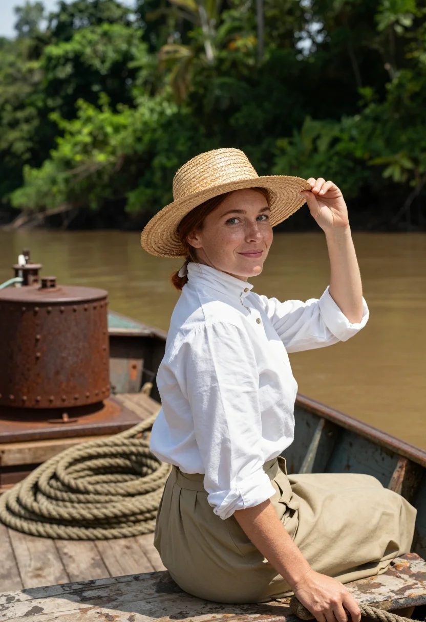 AI katharine hepburn sample — portrait of a woman, a waist-up photograph aboard a river la