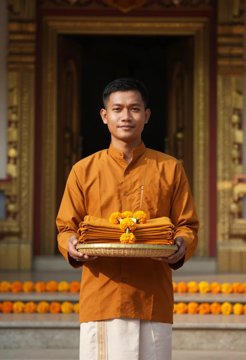 AI kathina robe offering saffron sample — portrait of a man, framed half-length from the head to the h