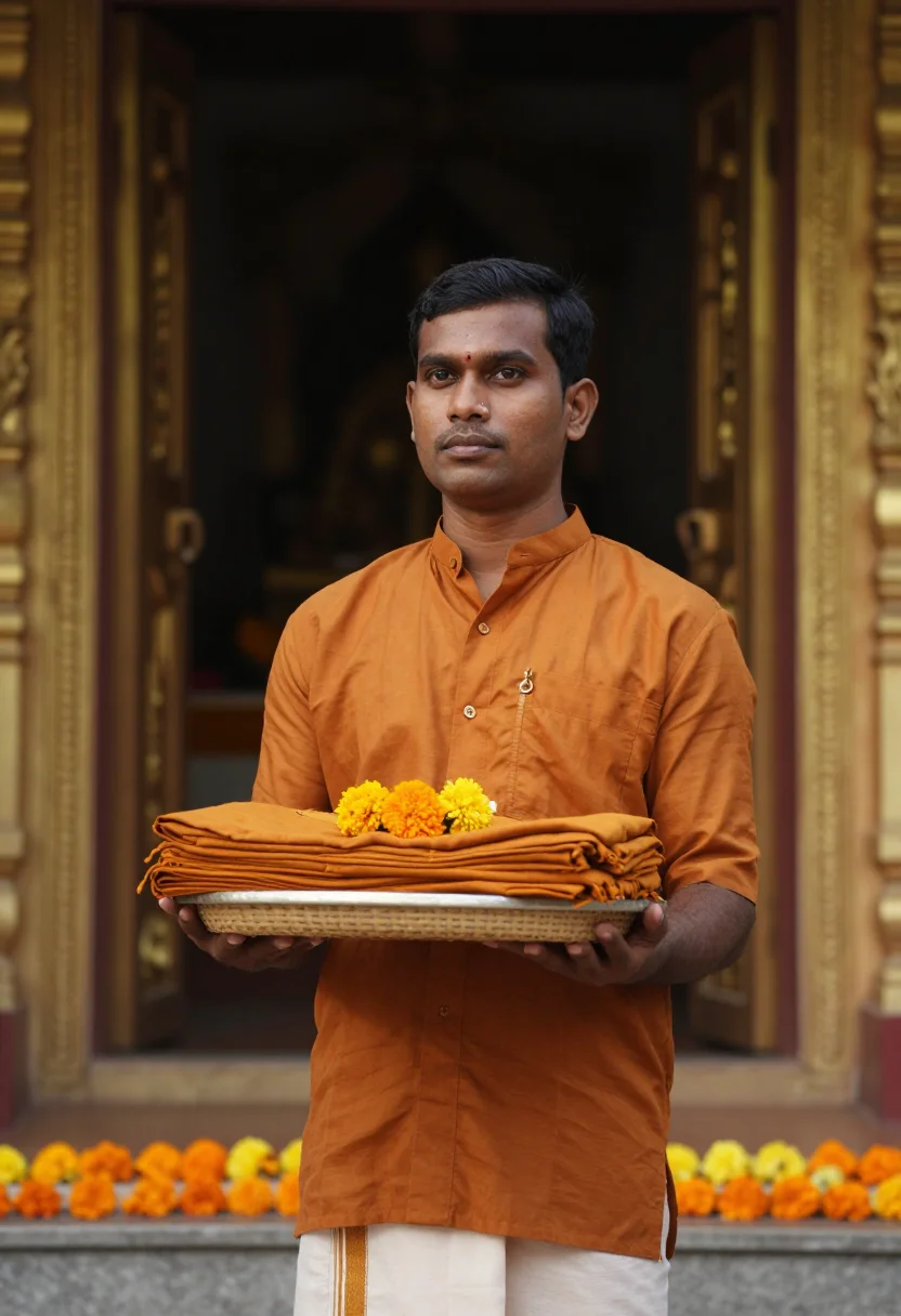 AI kathina robe offering saffron sample — portrait of a man, framed chest-up, cropped at the ribs, the