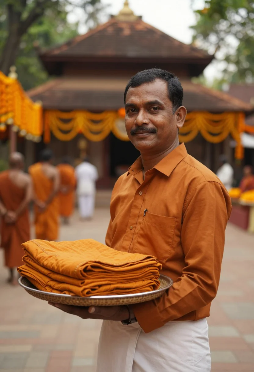 AI kathina robe offering saffron sample — portrait of a man, framed tight, head and shoulders, the bod