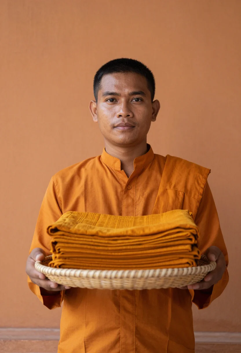 AI kathina robe offering saffron sample — portrait of a man, framed tight, head and shoulders, the bod