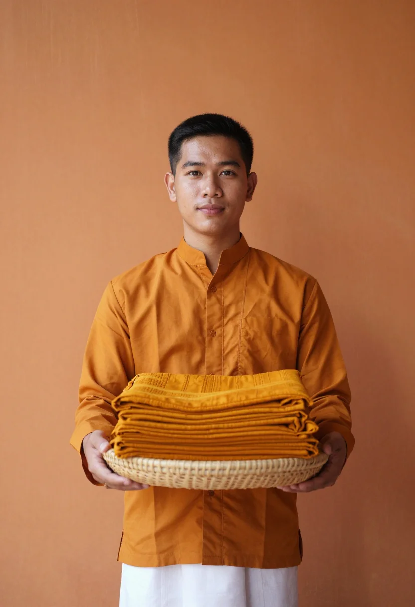 AI kathina robe offering saffron sample — portrait of a man, framed half-length from the head to the h