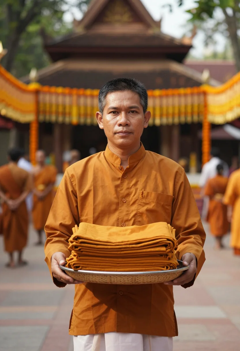 AI kathina robe offering saffron sample — portrait of a man, framed chest-up, cropped at the ribs, the