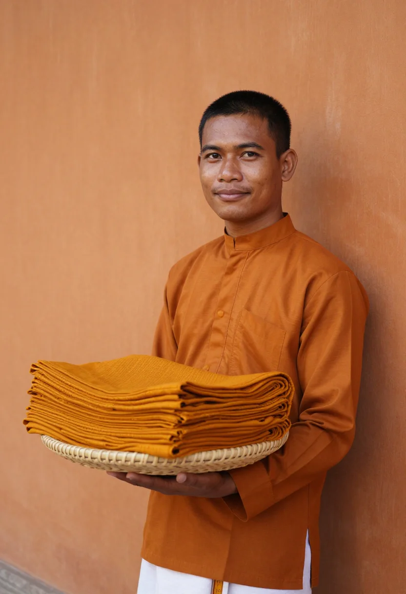 AI kathina robe offering saffron sample — portrait of a man, framed chest-up, cropped at the ribs, the