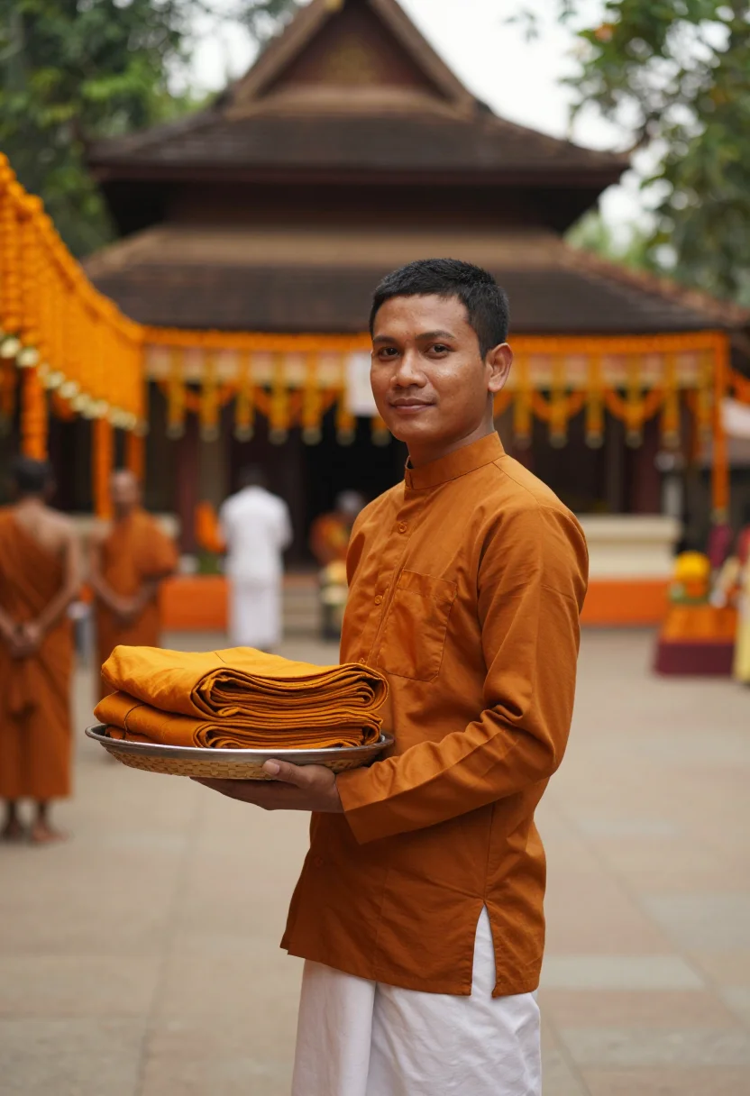AI kathina robe offering saffron sample — portrait of a man, framed half-length from the head to the h
