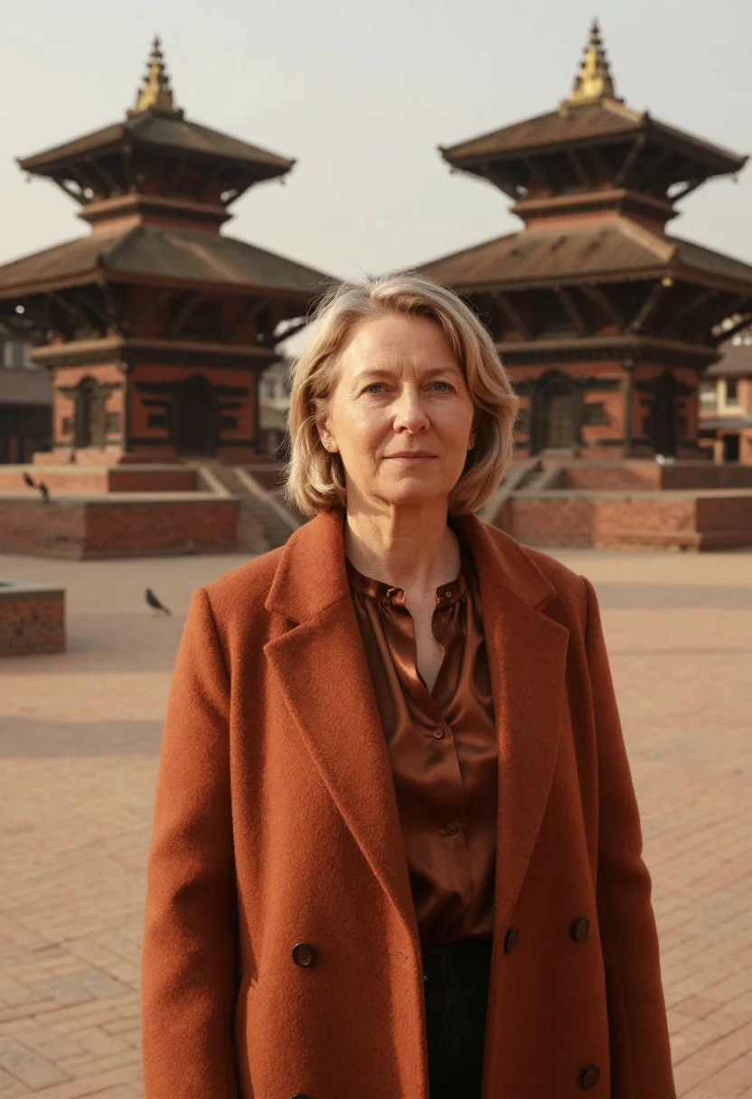 AI kathmandu durbar conservator brick carved teak sample — portrait of a woman, a German conservator in her early fifti