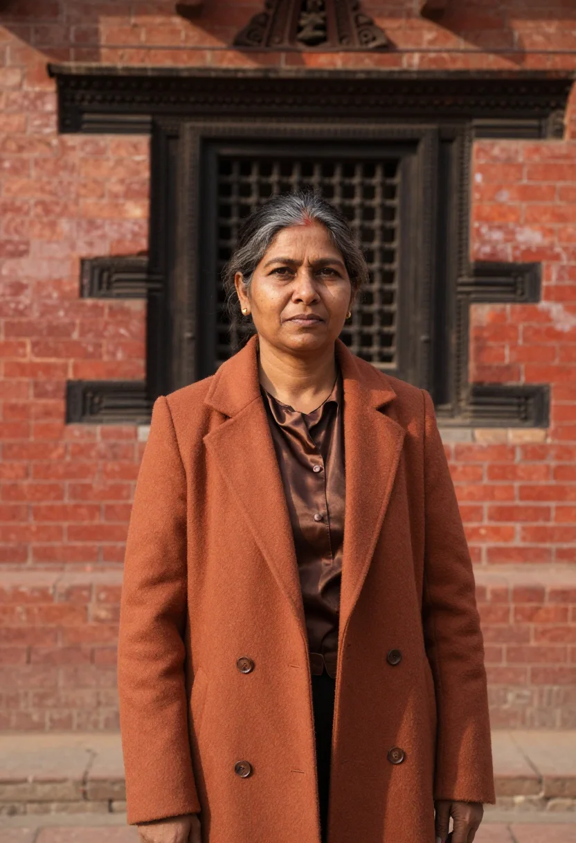 AI kathmandu durbar conservator brick carved teak sample — portrait of a woman, a Nepali conservator in her mid-fifties