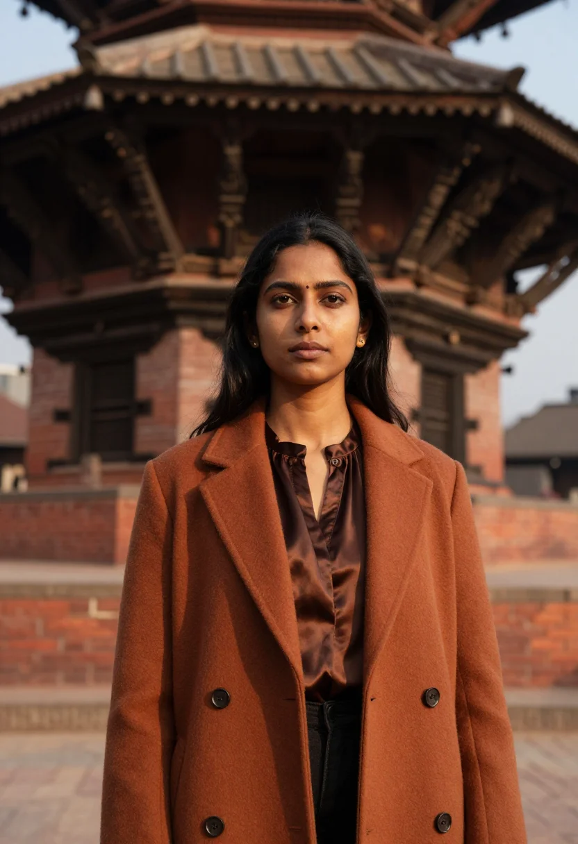 AI kathmandu durbar conservator brick carved teak sample — portrait of a woman, an Indian conservator in her early thir