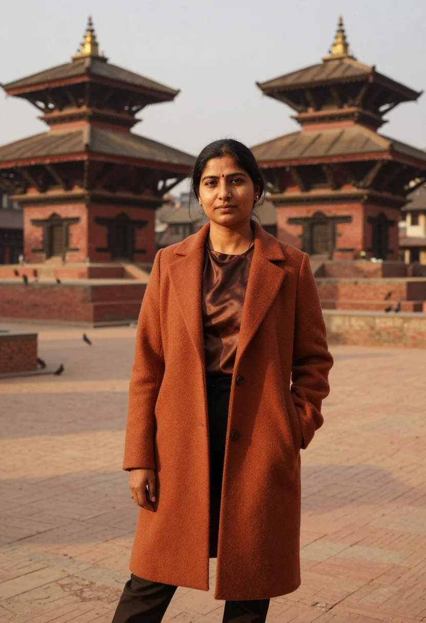 AI kathmandu durbar conservator brick carved teak sample — portrait of a woman, a Nepali conservator in her mid-thirtie
