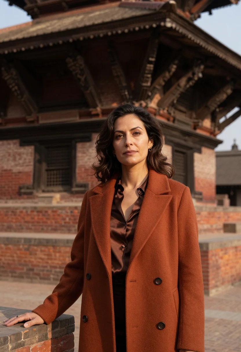 AI kathmandu durbar conservator brick carved teak sample — portrait of a woman, an Italian conservator in her mid-forti