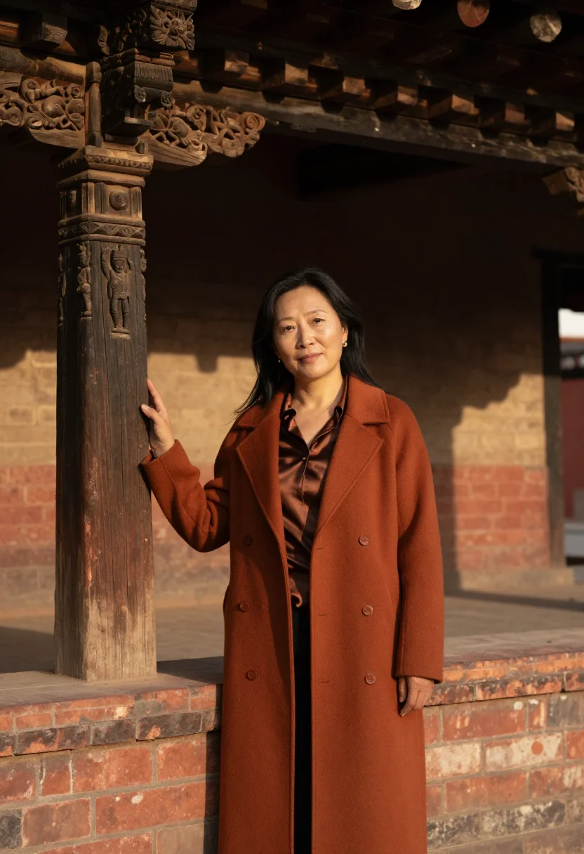 AI kathmandu durbar conservator brick carved teak sample — portrait of a woman, a Tibetan conservator in her late forti