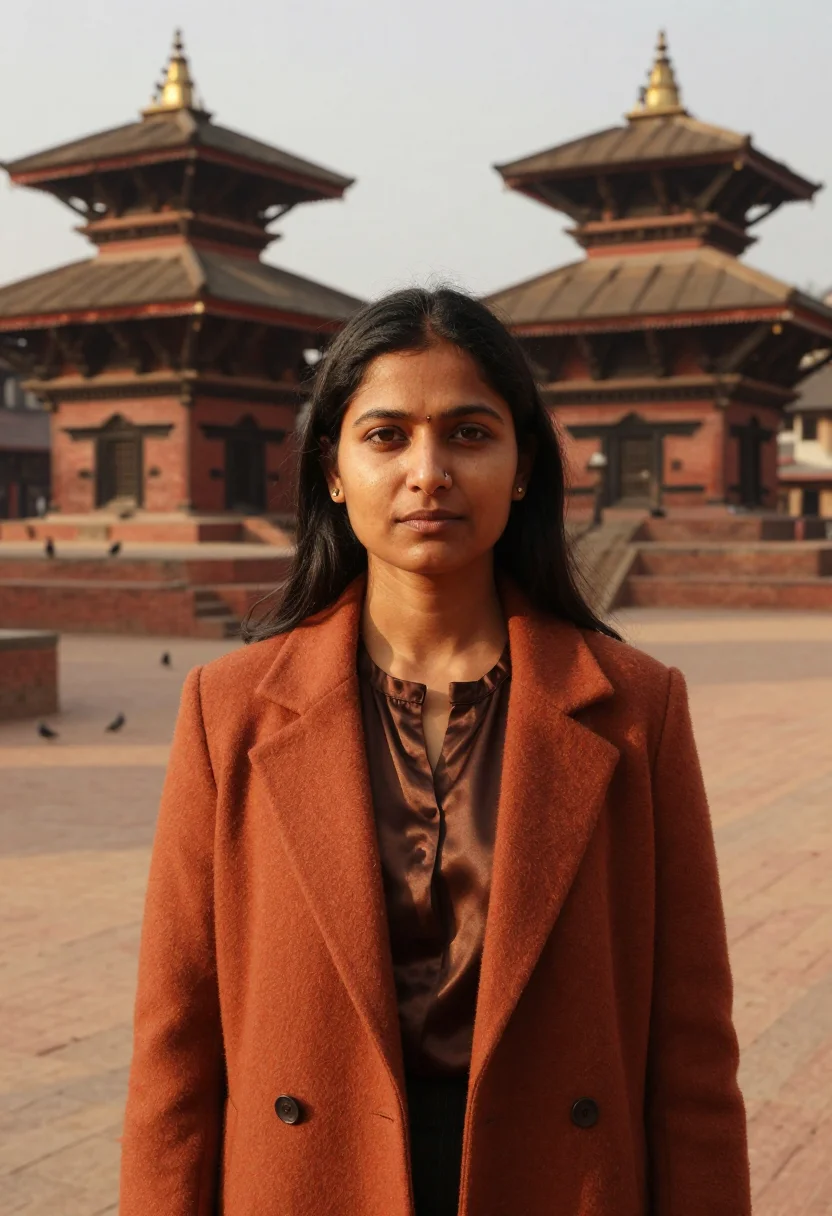 AI kathmandu durbar conservator brick carved teak sample — portrait of a woman, a Nepali conservator in her late twenti