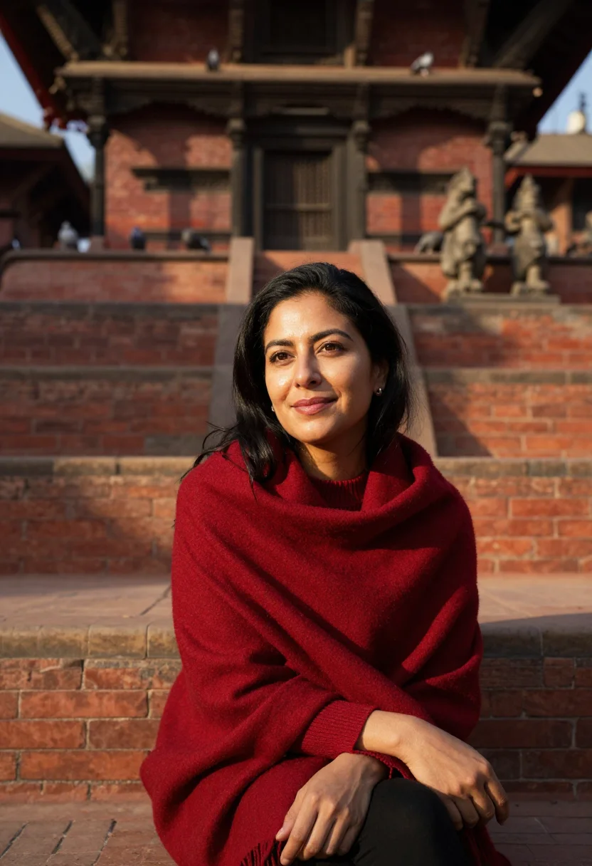 AI kathmandu durbar november brick sample — portrait of a woman, framed chest-up, the crop falling at mi