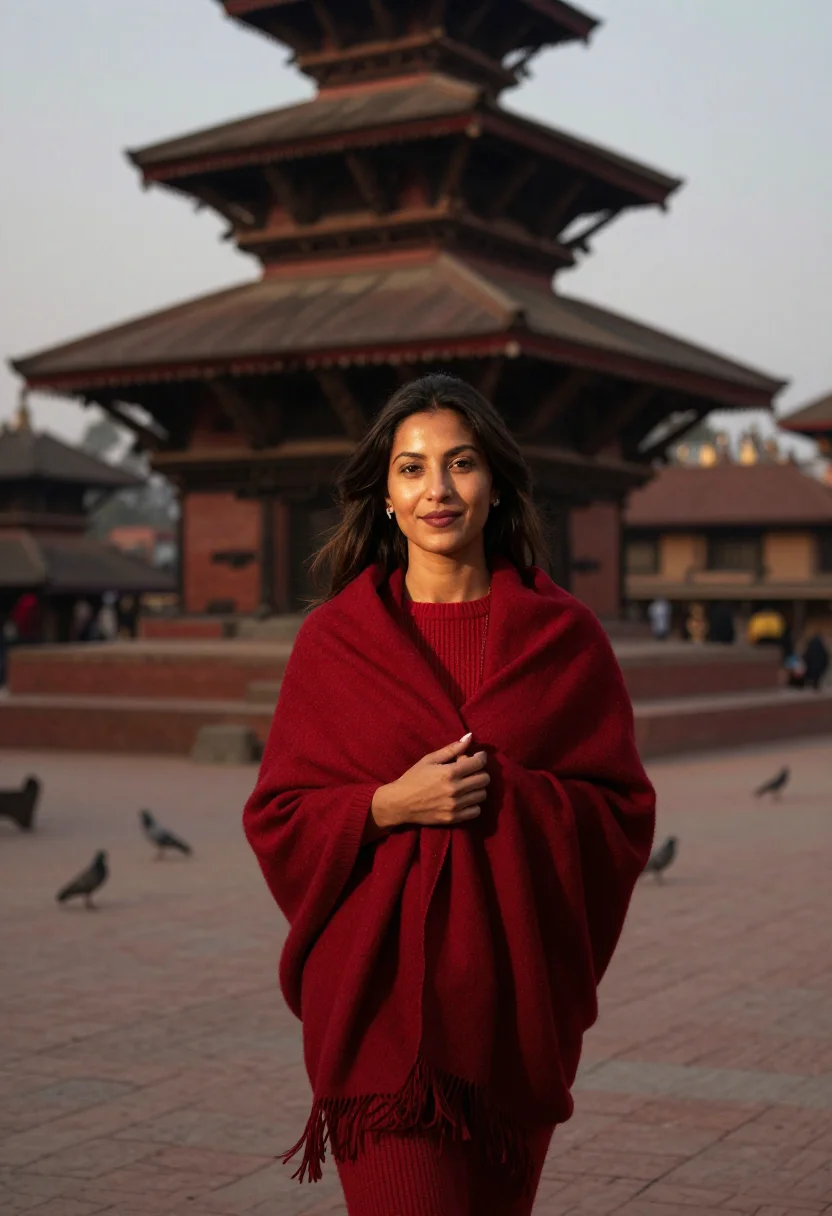AI kathmandu durbar november brick sample — portrait of a woman, framed chest-up, the crop falling at mi