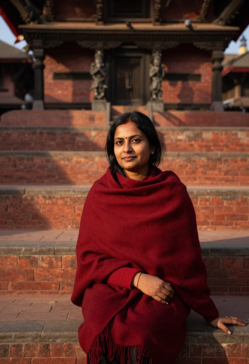 AI kathmandu durbar november brick sample — portrait of a woman, framed half-length from the waist up, t