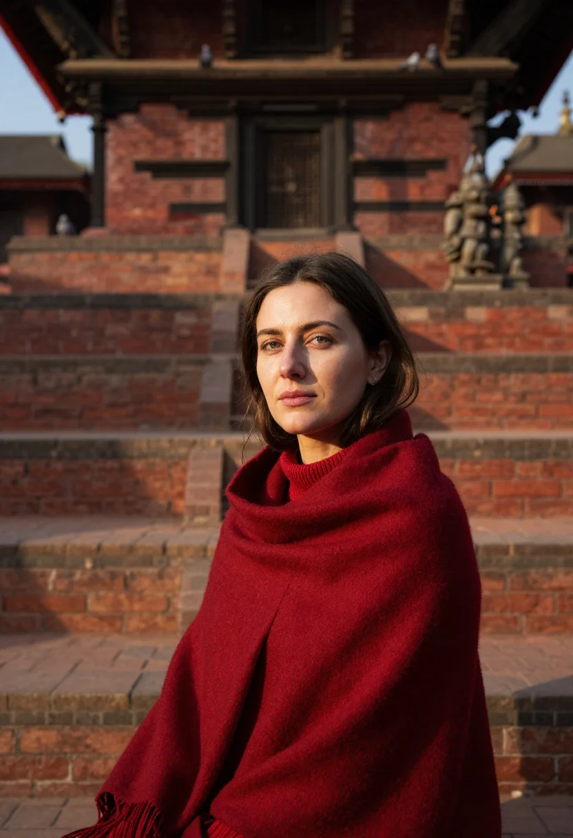 AI kathmandu durbar november brick sample — portrait of a woman, framed tight, head and shoulders, the b