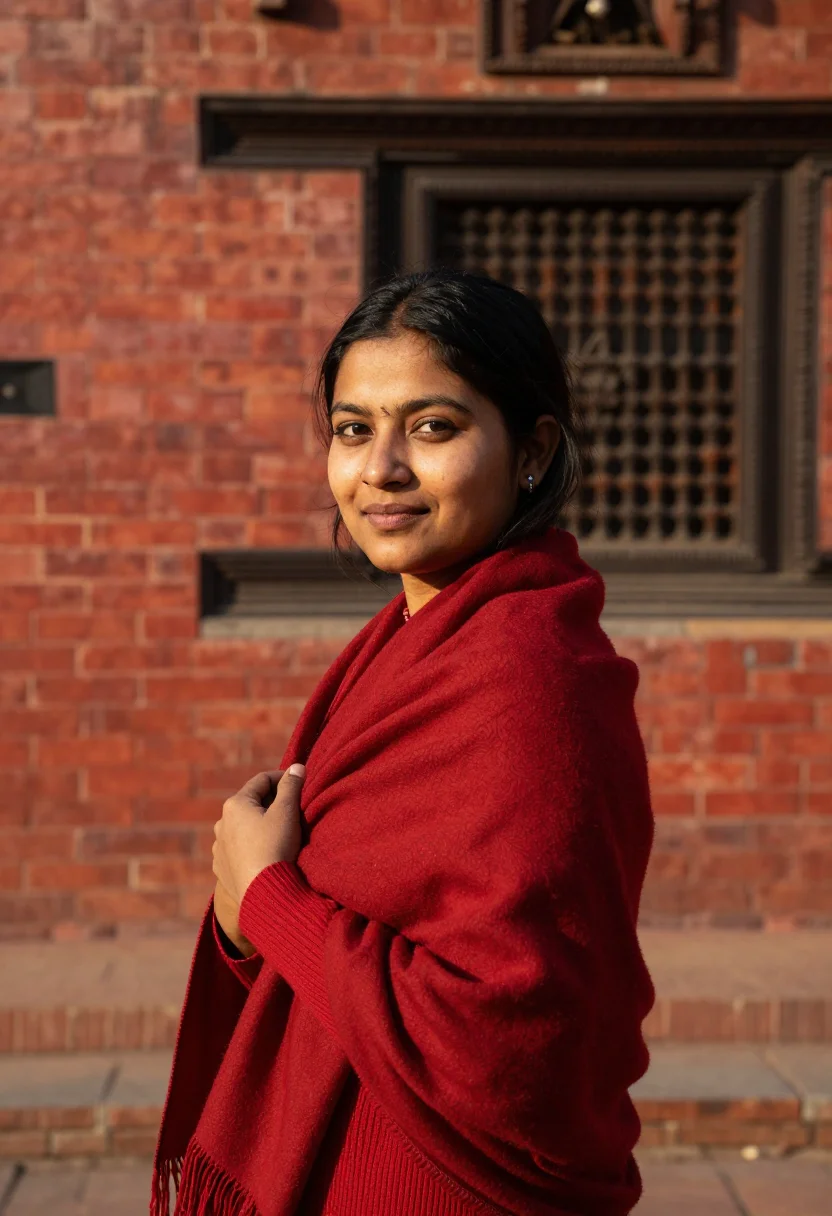 AI kathmandu durbar november brick sample — portrait of a woman, framed chest-up, the crop falling at mi