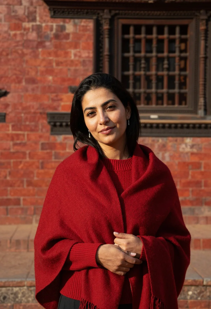 AI kathmandu durbar november brick sample — portrait of a woman, framed half-length from the waist up, t