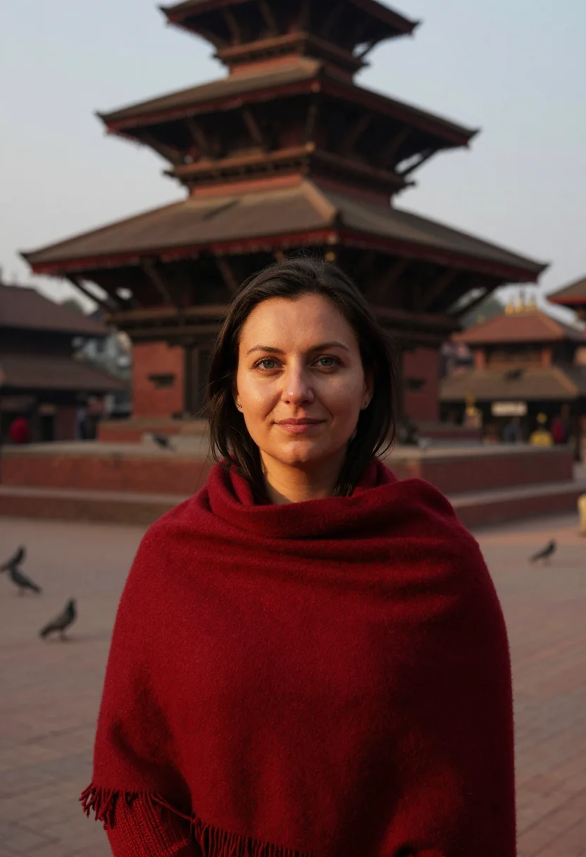 AI kathmandu durbar november brick sample — portrait of a woman, framed tight, head and shoulders, the b