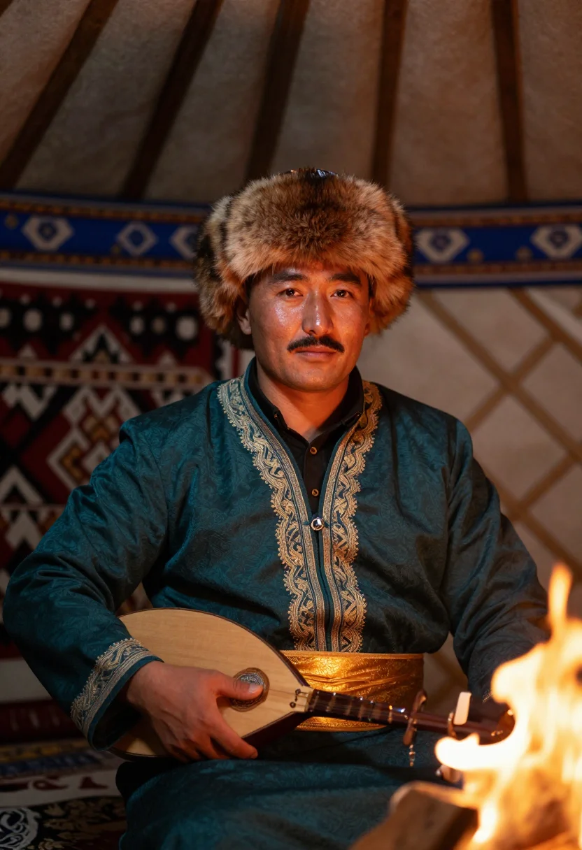 AI kazakh chapan men sample — bust-length portrait of a Kazakh man inside a yurt, warm oli
