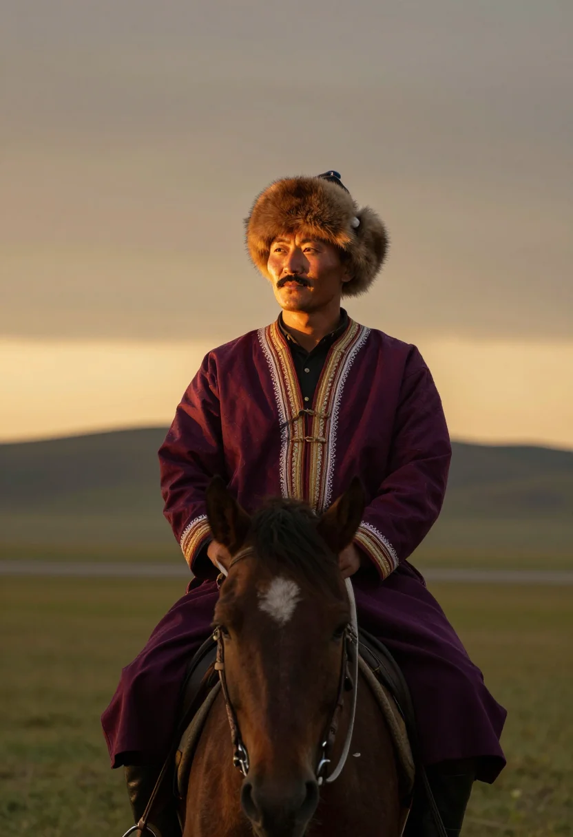 AI kazakh chapan men sample — bust-length portrait of a Kazakh man on horseback crossing t
