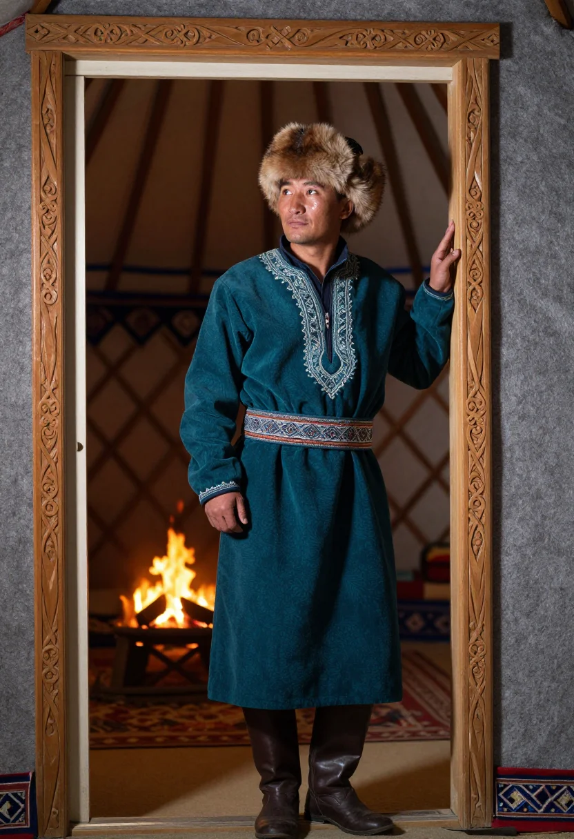 AI kazakh chapan men sample — three-quarter-length portrait of a Kazakh man standing insid
