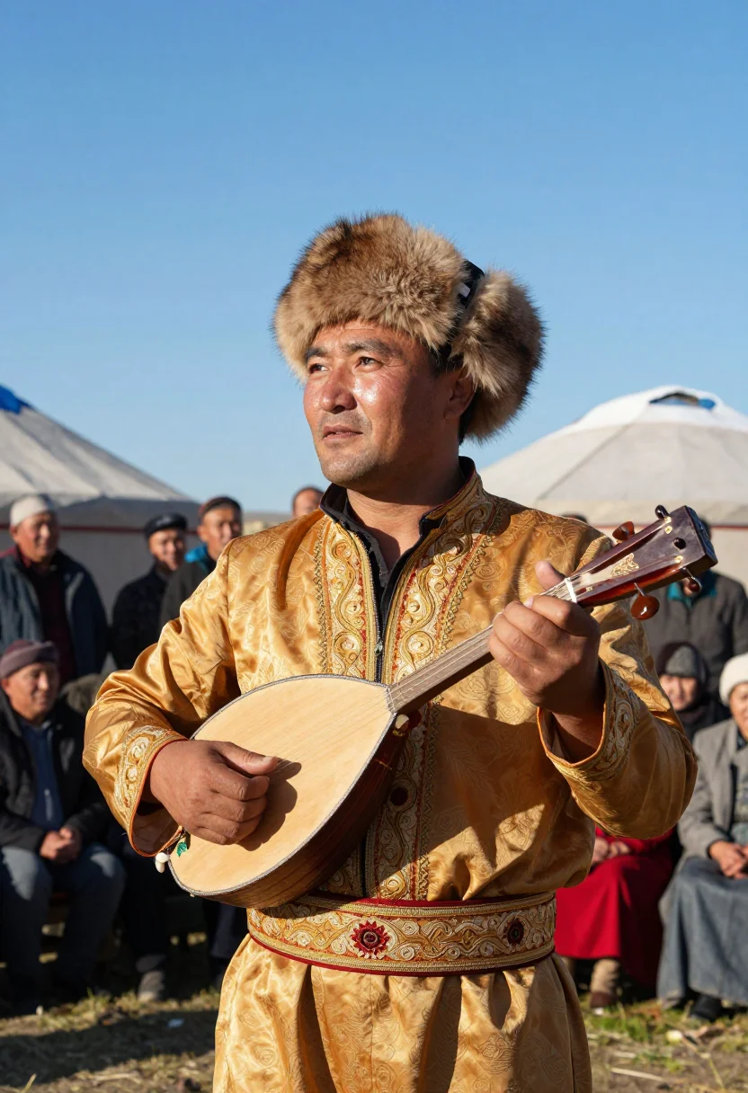AI kazakh chapan men sample — candid half-length portrait of a Kazakh man at a festive out