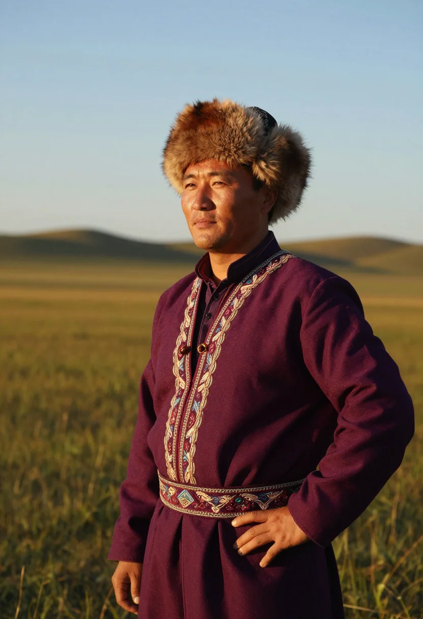 AI kazakh chapan men sample — half-length portrait of a Kazakh man standing on the open st