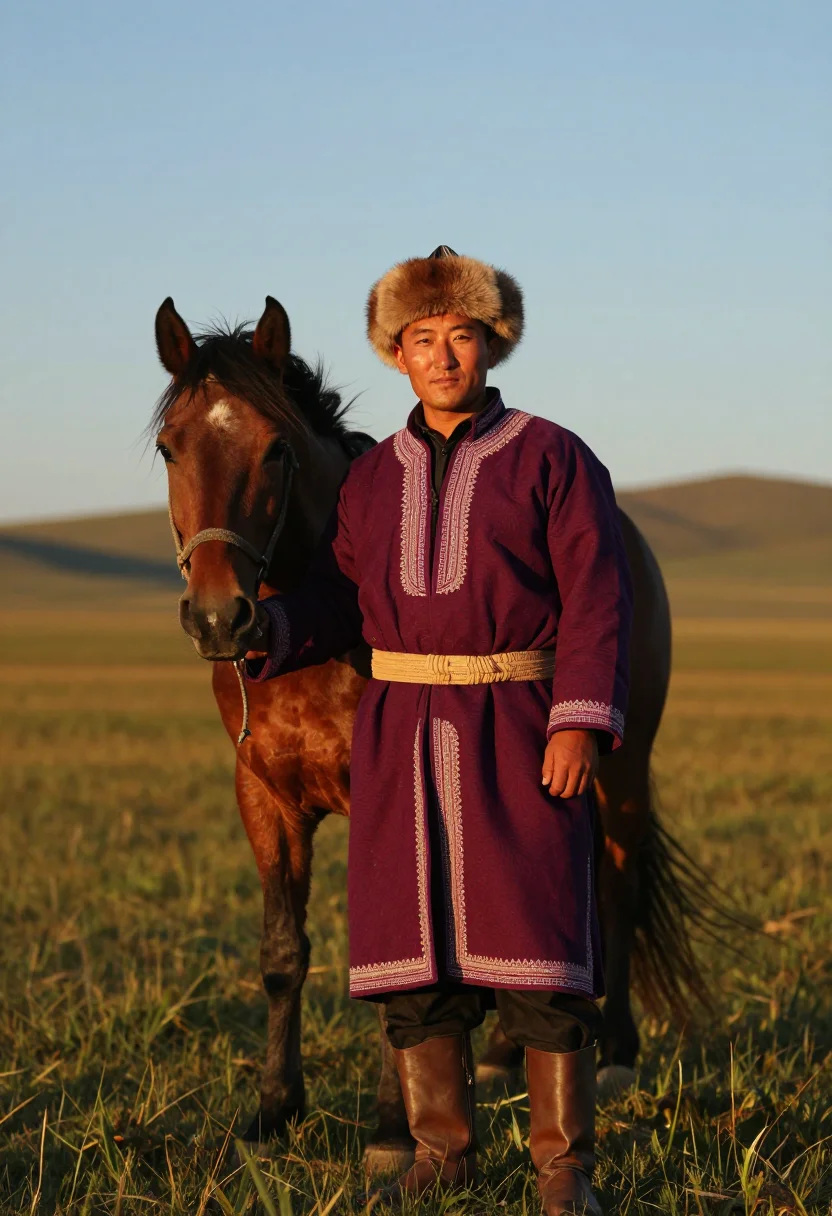 AI kazakh chapan men sample — three-quarter-length portrait of a Kazakh man standing on th