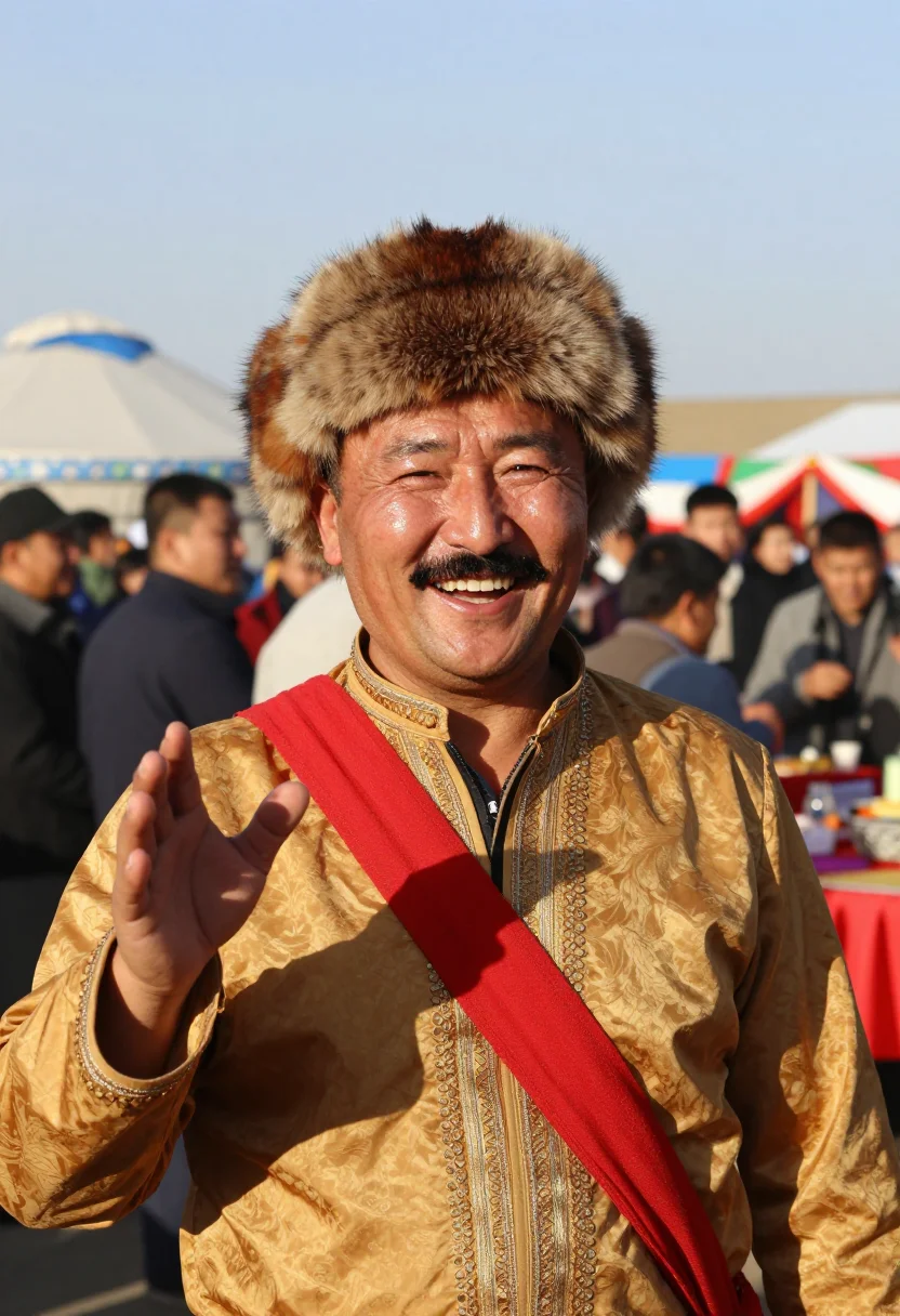 AI kazakh chapan men sample — candid bust-length portrait of a Kazakh man laughing at a fe