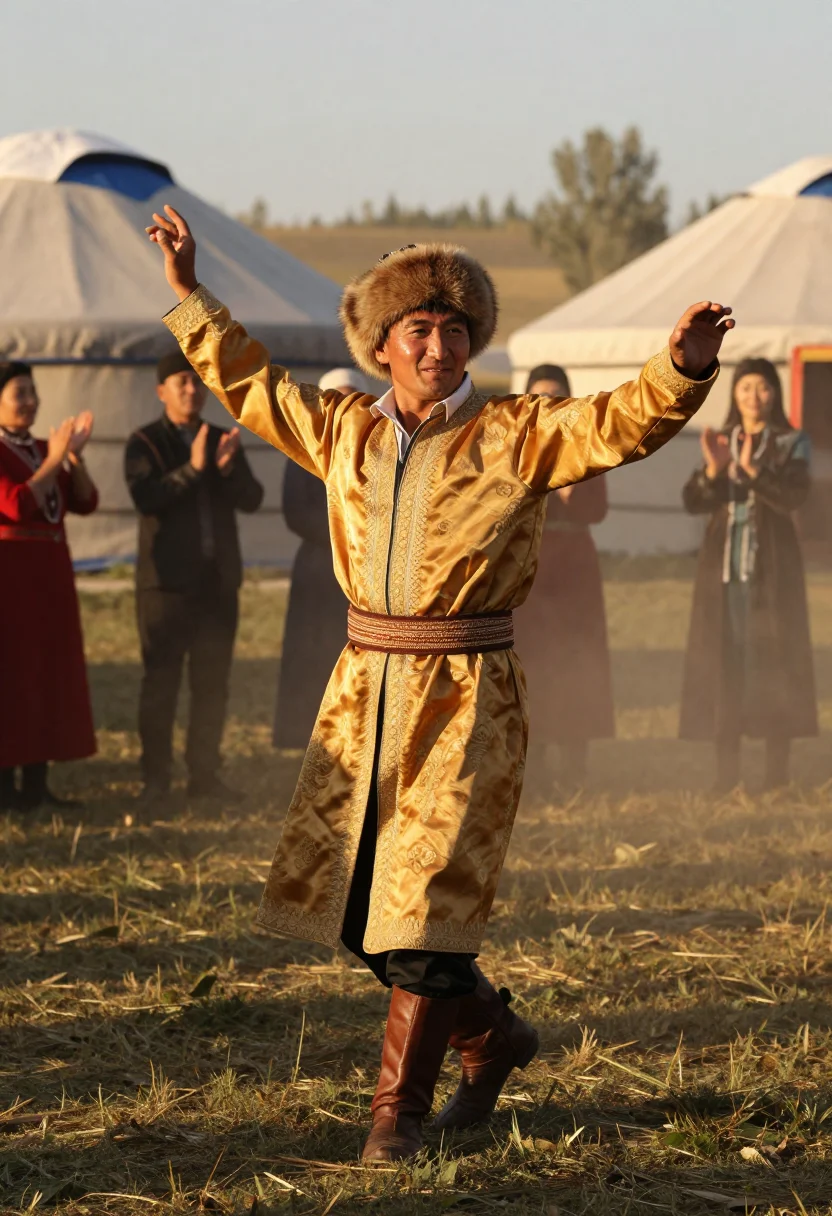 AI kazakh chapan men sample — candid three-quarter-length portrait of a Kazakh man dancing
