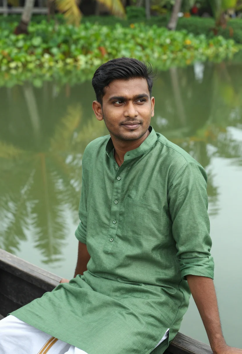 AI kerala backwaters november green sample — portrait of a man, tight head-and-shoulders portrait of a Ma