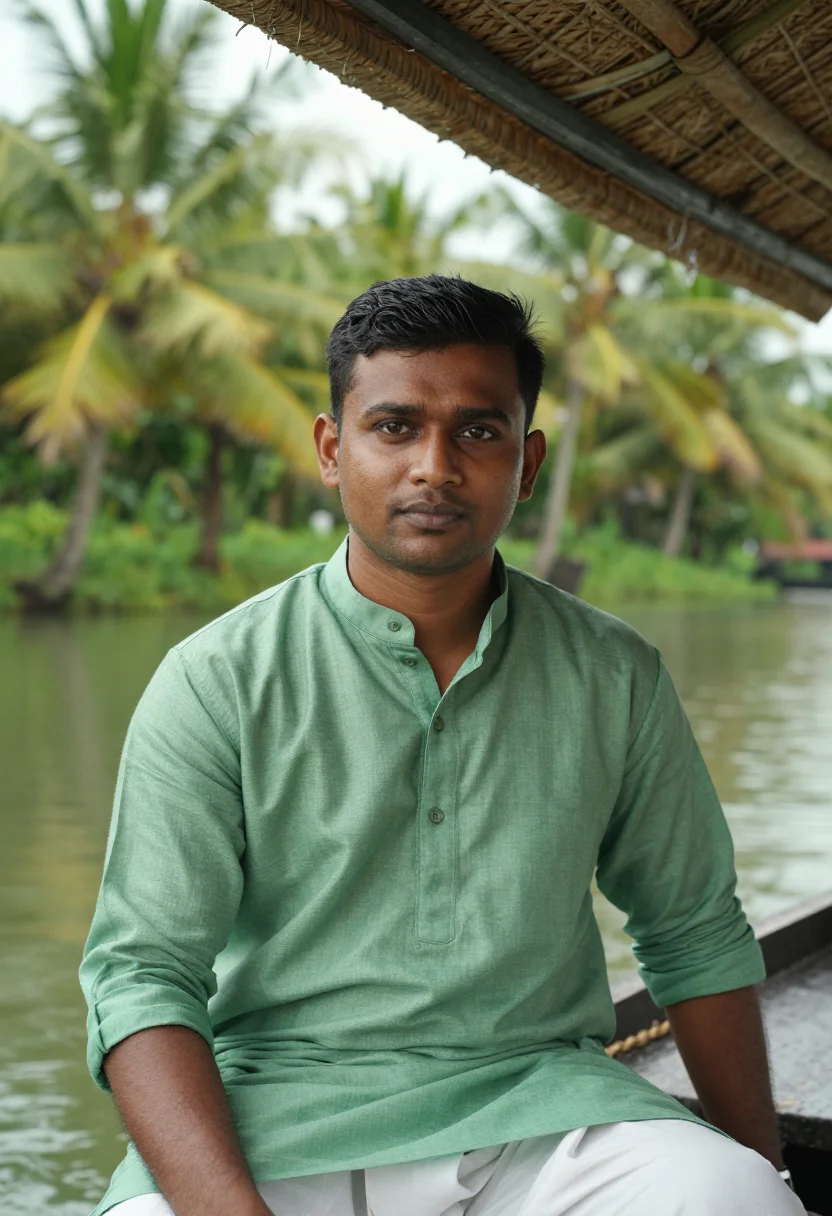 AI kerala backwaters november green sample — portrait of a man, tight head-and-shoulders portrait of a Ma