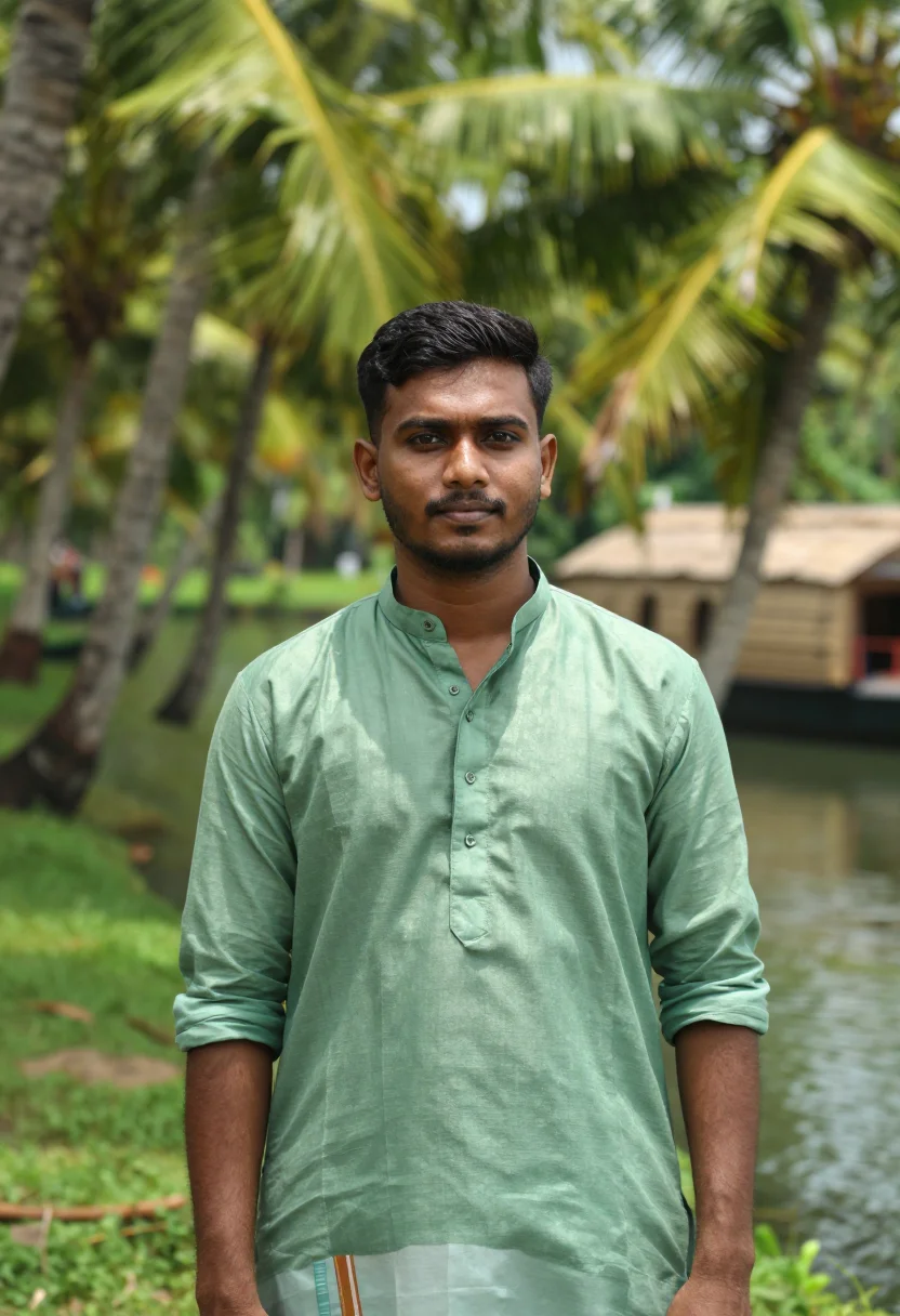 AI kerala backwaters november green sample — portrait of a man, tight head-and-shoulders portrait of a Ma