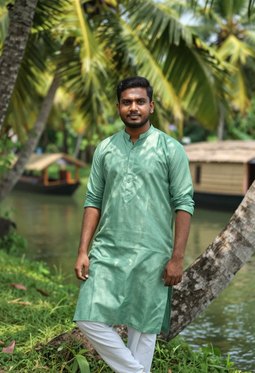 AI kerala backwaters november green sample — portrait of a man, half-length portrait of a Malayali man in