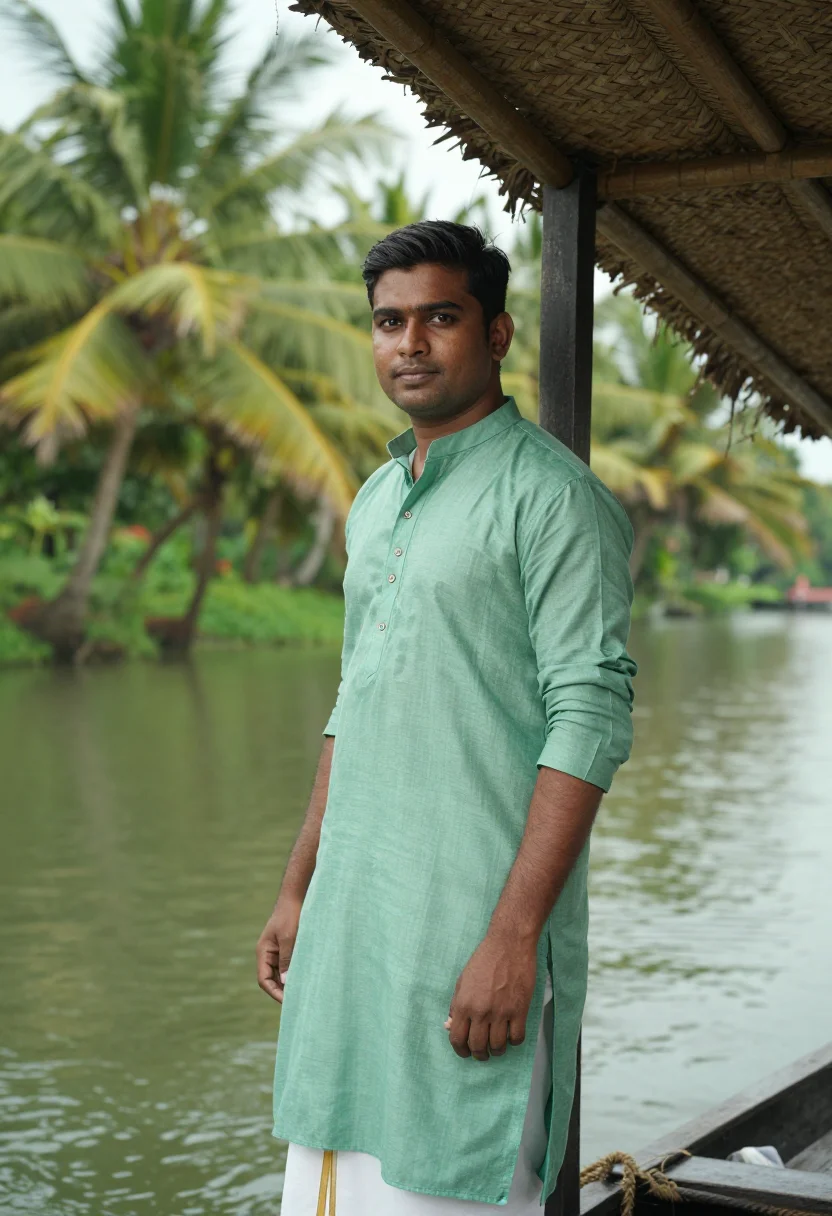 AI kerala backwaters november green sample — portrait of a man, chest-up portrait of a Malayali man in hi